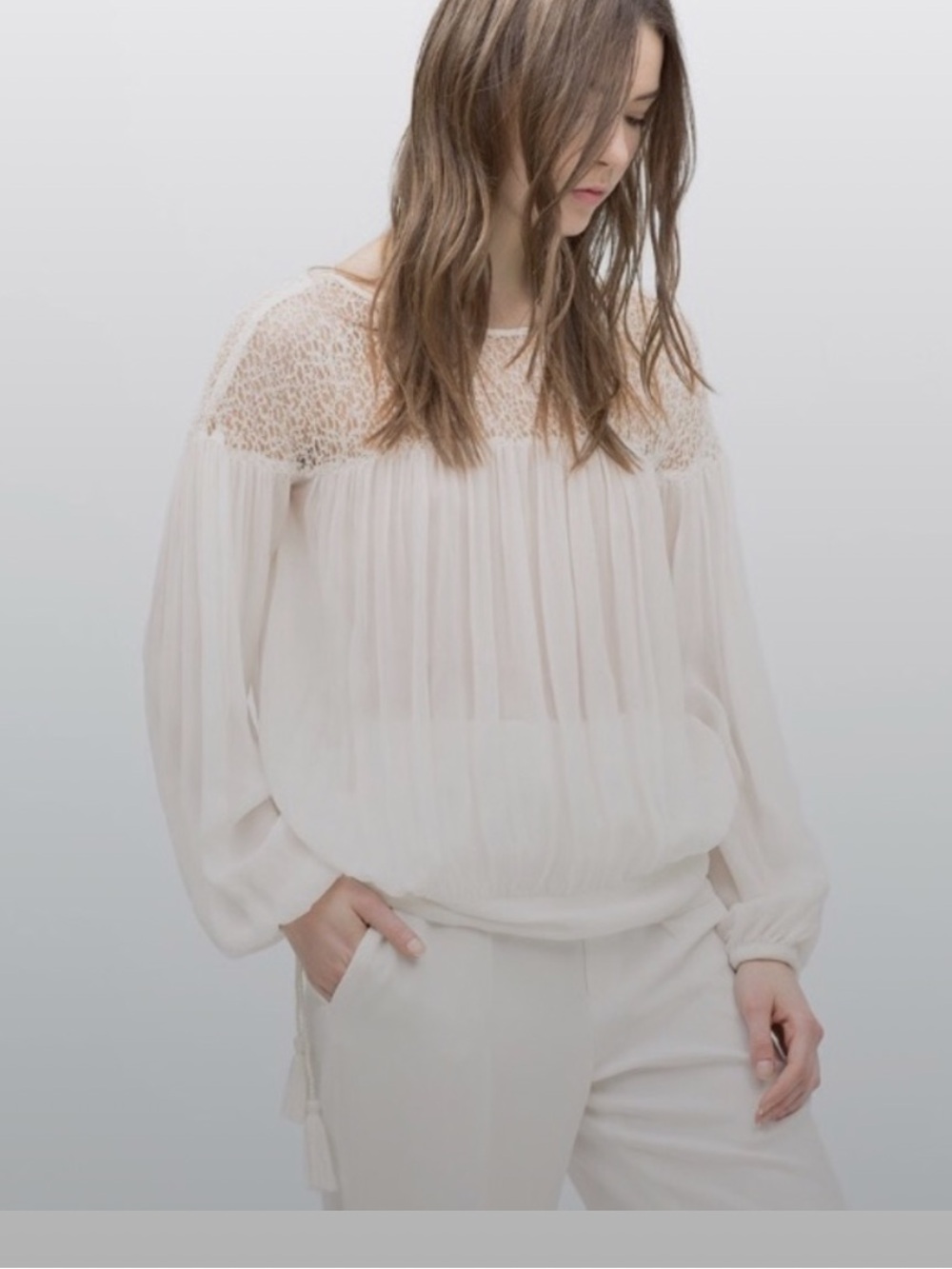 Zara Ivory Lace-Yoke Pleated Blouse